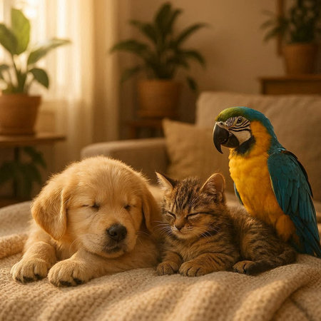 Cat and dog together at home. Golden Retriever, Macaw and Golden Retriever.