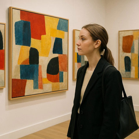 Woman looking at paintings in art gallery, portrait of a young woman