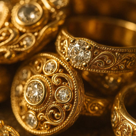 Jewelry background. Close up of gold rings with diamonds.