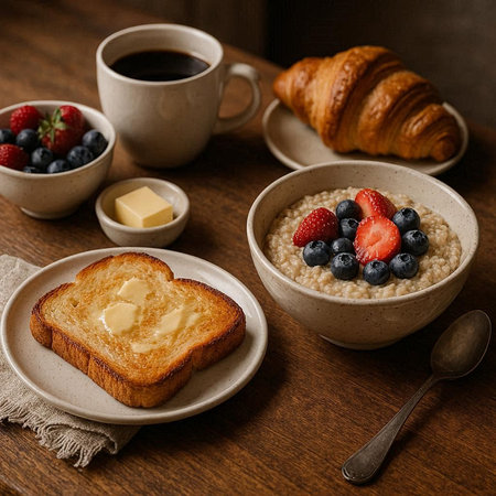 Breakfast with oatmeal, berries and croissant on wooden background