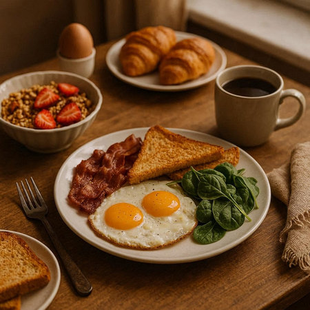 Breakfast with fried eggs, bacon, toasts, coffee and croissants
