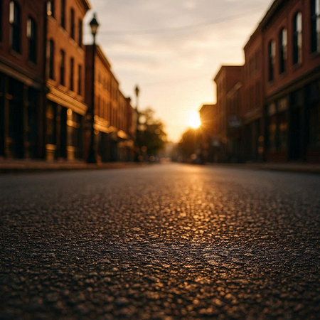 Empty asphalt road in the city at sunset. Blurred background.