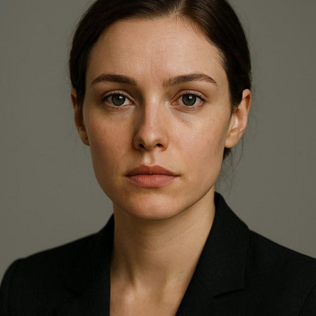 Portrait of a young business woman in a suit on a gray background