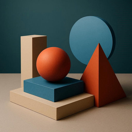 3d render of abstract geometric shapes composition with red ball in the center