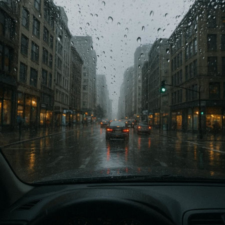 View from inside the car on a rainy day in London, UK.