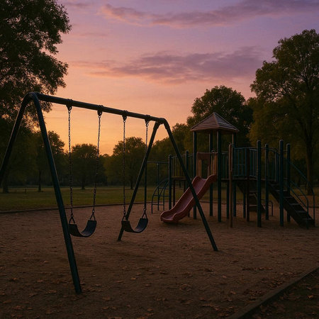 Playground in the park at sunset. Beautiful landscape with children's playground.