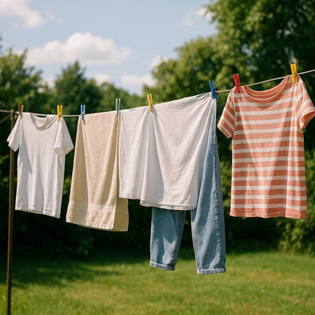 Clothes drying on a clothesline in the summer in the garden