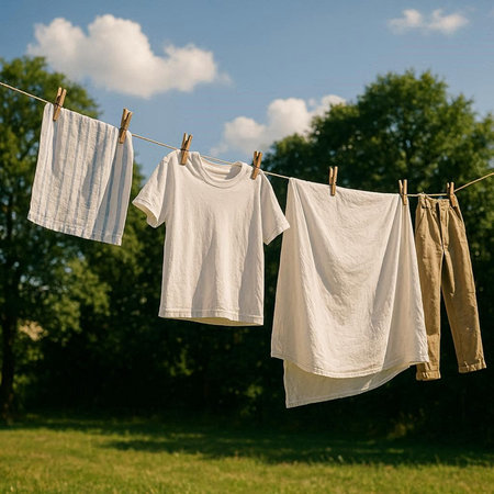 Laundry drying on a clothesline in a sunny summer day