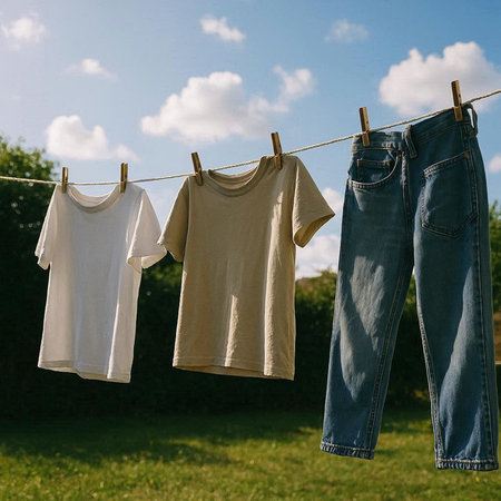 Clothes hanging on a clothesline against the background of green grass