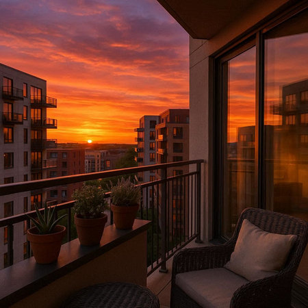 Sunset in the balcony of a modern apartment with a view of the city.