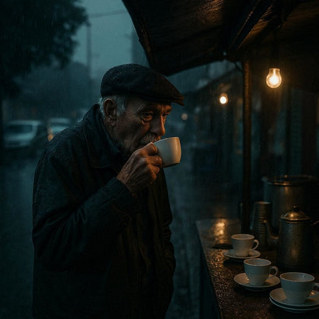 Old man drinking coffee at the street in the rain. Street portrait.