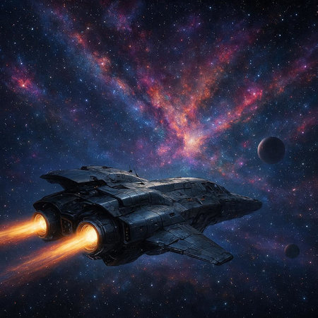 Space ship in deep space with planets and stars. 3D rendering