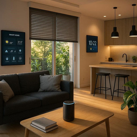 Interior of a modern living room with a coffee table and a black sofa