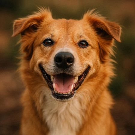 A closeup shot of a cute mixed breed dog smiling at the camera