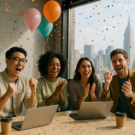 Cheerful diverse business people celebrating success with balloons and confetti in office