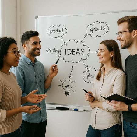 Group of multiethnic business people discussing new ideas on whiteboard in office