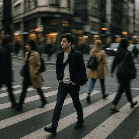 Businessman walking on the street with people in the background, motion blur