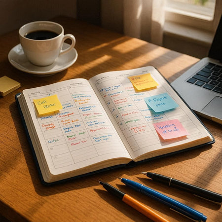 Notebook with sticky notes and coffee cup on wooden table in office