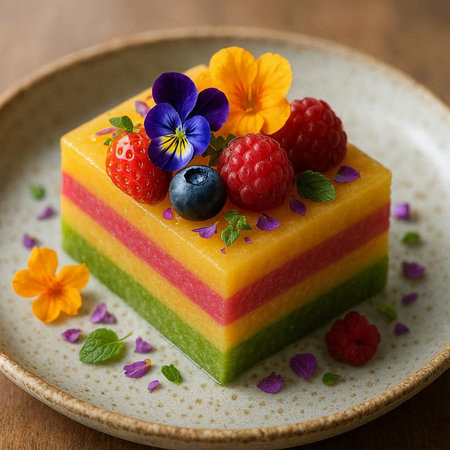 Colorful mousse cake decorated with fresh berries and viola flowers