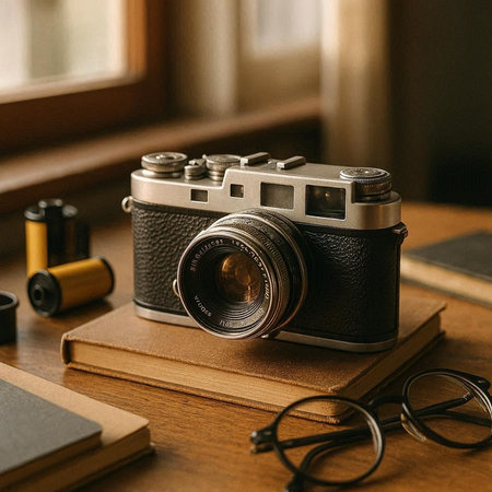 Retro camera on a wooden table with books, glasses and other objects