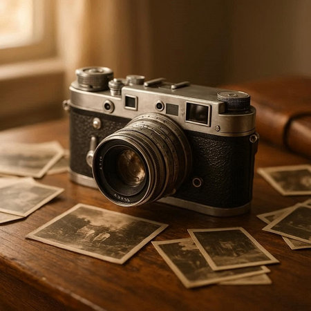 Vintage camera and old photos on a wooden table in the room