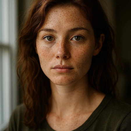 Portrait of a young woman with freckles on her face