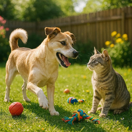 Cat and dog playing with a ball of yarn in the garden.