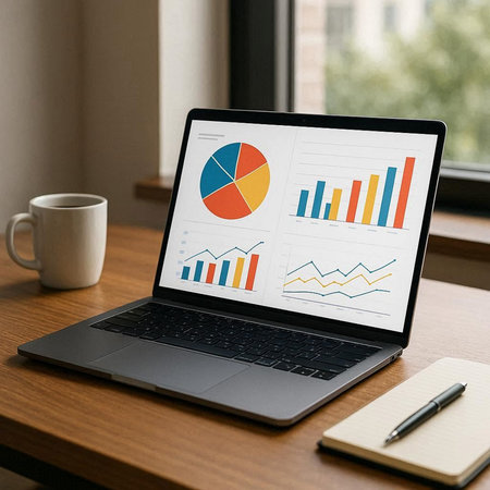 Business concept on a laptop screen with a graph and a cup of coffee