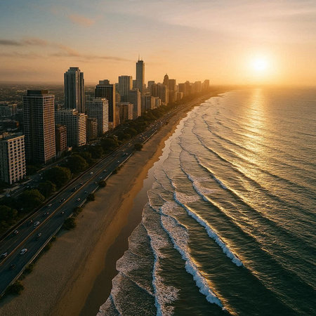 Aerial view of Miami Beach coastline at sunset, Florida, USA.