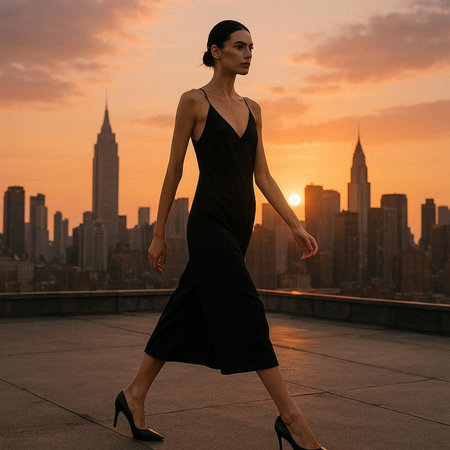 Beautiful brunette woman in black evening dress walking on the roof with New York city view at sunset