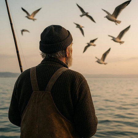 Fisherman with a fishing rod and seagulls on the background