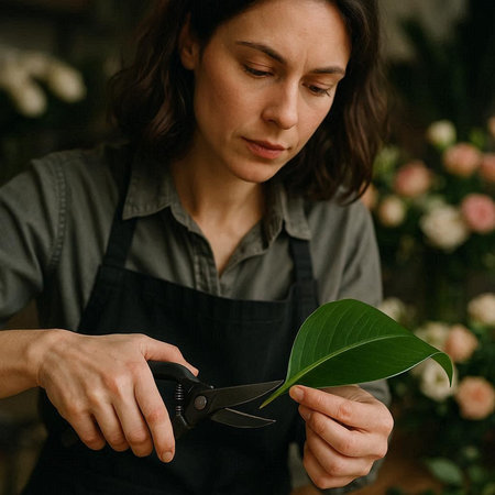 Florist cutting a plant in a flower shop. Female florist cutting a plant with scissors.