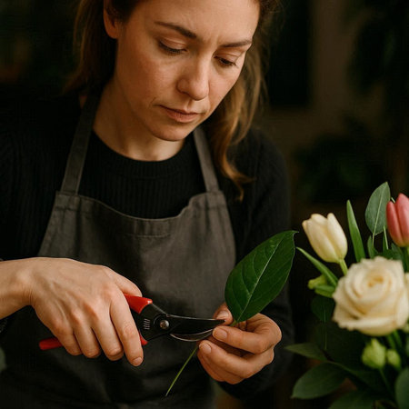Female florist cutting flowers with scissors in flower shop, close up
