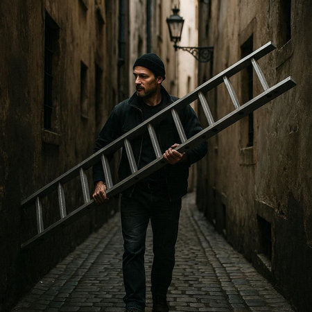 Portrait of a handsome bearded man holding a ladder in the city.