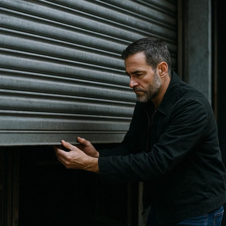 Portrait of a middle-aged man with a beard in a black shirt and jeans looking at his mobile phone