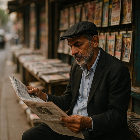 Old man reading newspaper in Belgrade, Serbia.