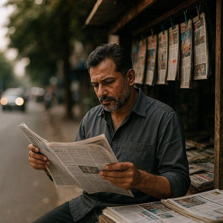 Handsome Indian man reading a newspaper sitting on the street.