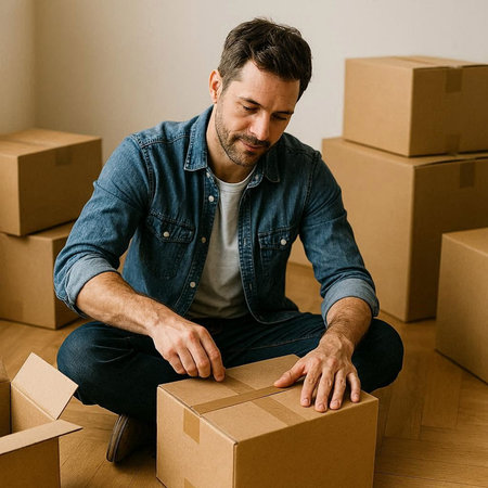 Man sitting on the floor with cardboard boxes in his new apartment.