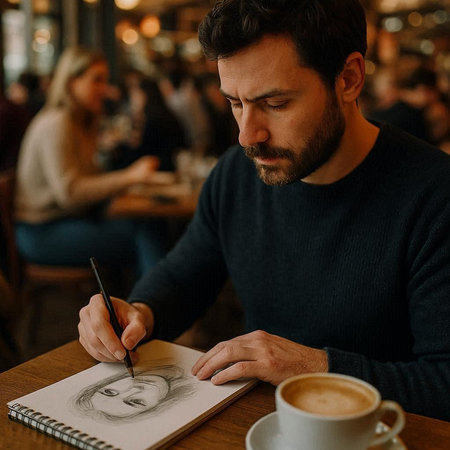 Handsome bearded man drawing a picture in a coffee shop.