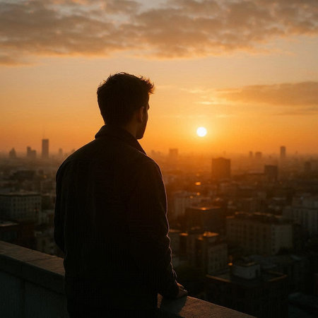 Silhouette of a man looking at the sunset over the city