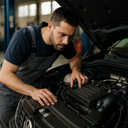 Handsome bearded man working on car engine in auto repair shop