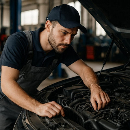 Car mechanic working in auto repair service. Handsome bearded man in uniform repairing car.