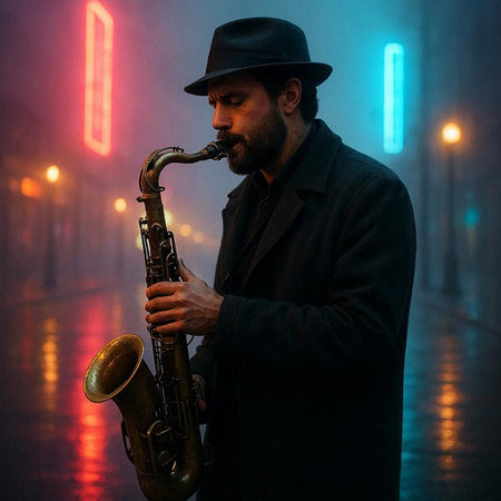 A man in a hat plays the saxophone on the street in the fog.