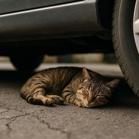 Cute tabby cat sleeping under the car on the street.