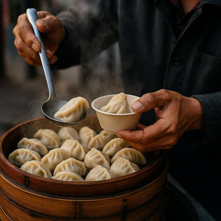 Steamed dumplings in bamboo steamer on street food market