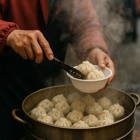 Steamed dumplings in a pot at the street food market
