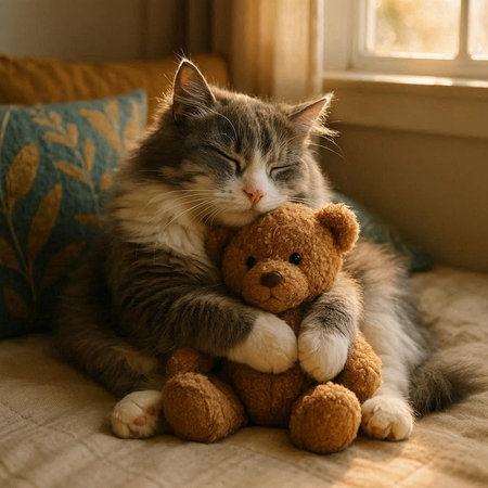 Cute cat and teddy bear on the couch at home.