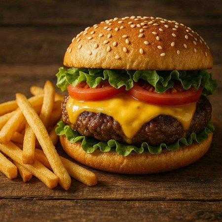Cheese burger - American cheese burger with Golden French fries on wooden background