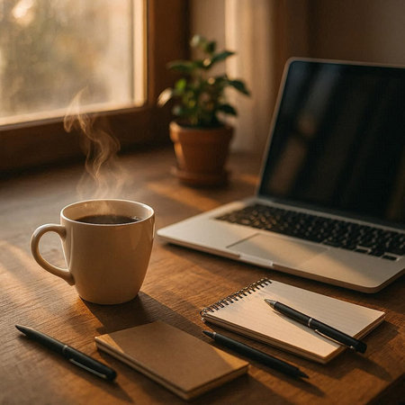 Coffee cup and notebook with pen on wooden table near window