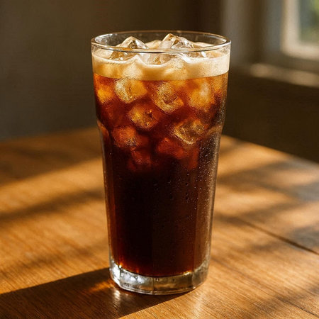 Cola with ice cubes in a glass on a wooden table in sunlight